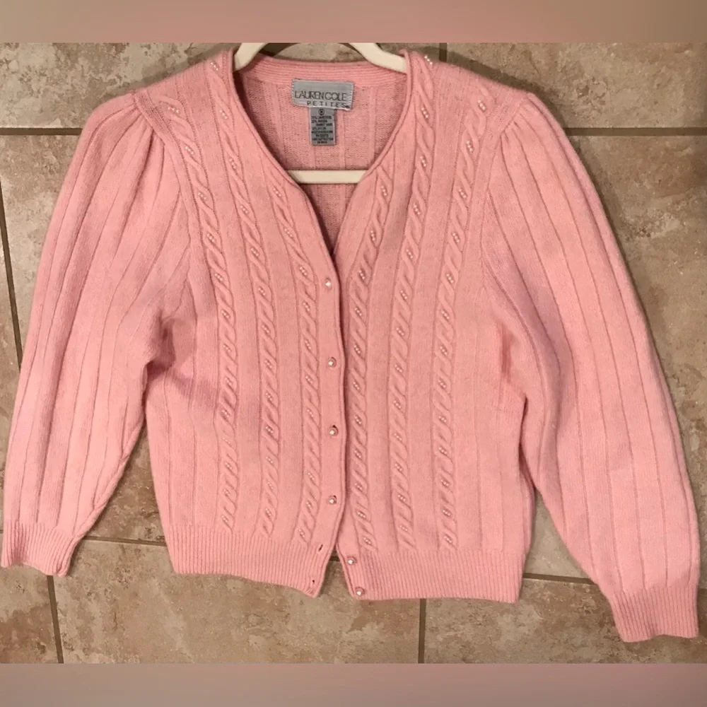 LAUREN COLE 70% Lambswool Angora Pearl Embellished Baby Pink Knit Cardigan - MP - Picture 2 of 10